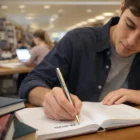 Young man writing with a Parker Insignia Series pen at a library table.