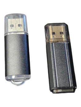Two black USB flash drives with transparent caps, ideal for usb preloading, on white background.