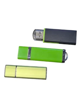 Three USB flash drives with usb preloading in green, black, and yellow on a white background.