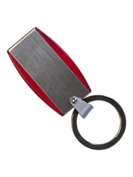 Rectangular metal keychain with red edges, round keyring, and optional USB preloading.