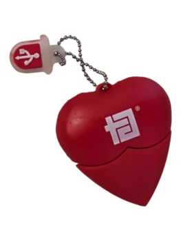 Red heart-shaped USB flash drive with usb preloading, white USB symbol, and keychain attachment.