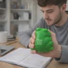 A man squeezes a Funny Stress Balls Frog labeled YOUR LOGO HERE near open books.