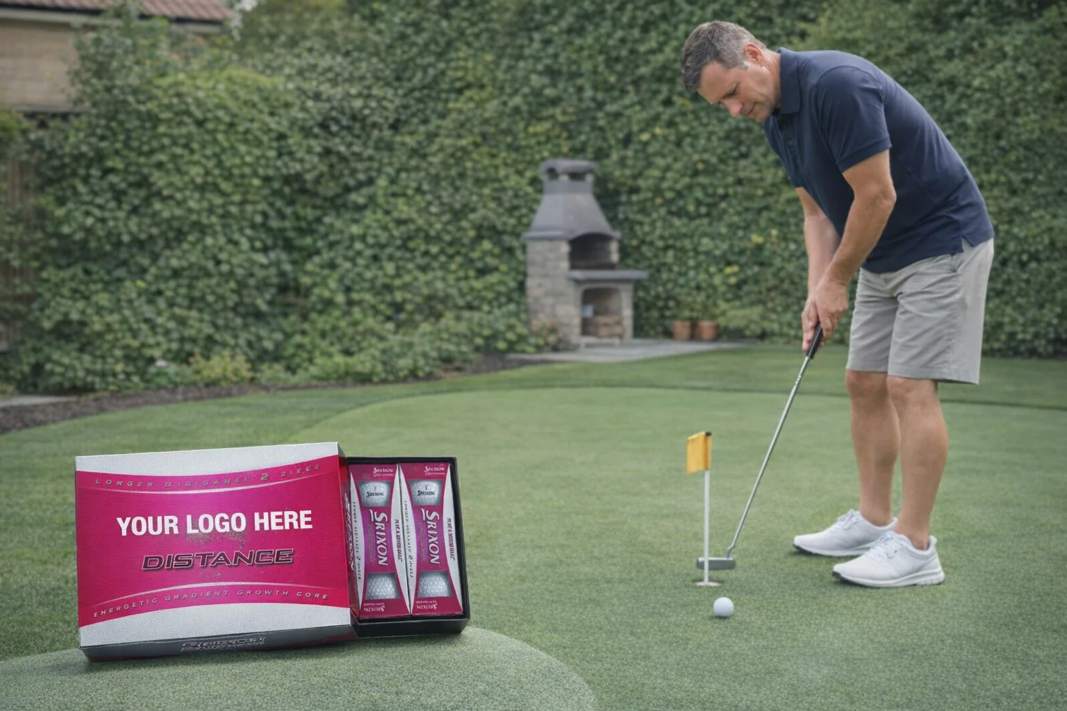 Man putting on green lawn; Golf Balls Srixon Tri box visible in foreground.