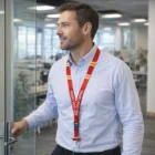 Man in a light blue shirt wears a red Nylon/Pvc Lanyard while opening an office glass door.
