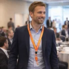 Man in a suit wears an orange PVC Lanyards at a business conference.