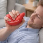 Man on couch squeezing a Stress Balls - Pepper with YOUR LOGO HERE printed on it.