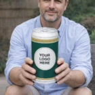 Man holding a large can labeled Your Logo, perfect for Promotional Custom Fridges.