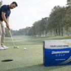 Man putting on golf green with a Promotional Golf Ball Bridgestone E box in the foreground.