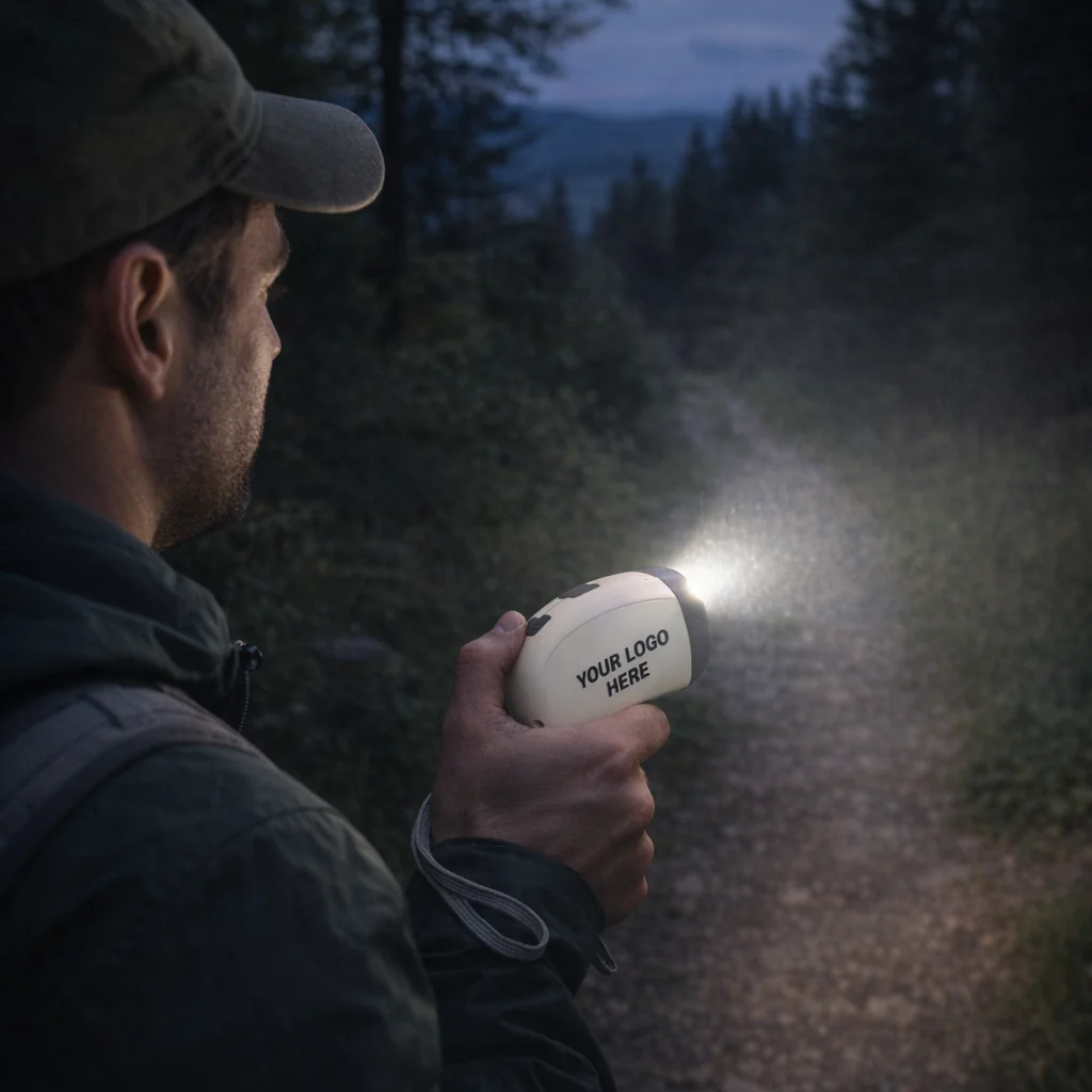 Person holding Rechargeable Torches lights a forest path at dusk with Your Logo Here.