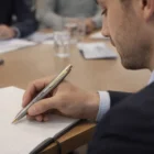 Man in suit writes with Parker Personalised Im Brushed SS GT pen in notebook at meeting.
