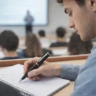 Student jotting notes with a Waterman Pens Allure Black in lecture, classmates and lecturer behind.