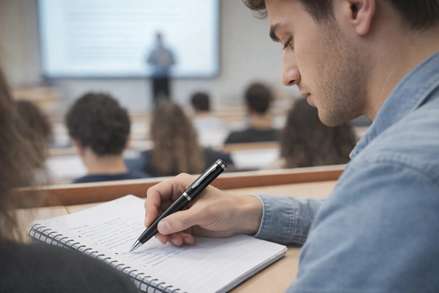 Student jotting notes with a Waterman Pens Allure Black in lecture, classmates and lecturer behind.
