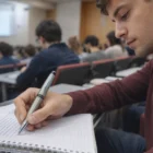 Student taking notes with a Waterman Pens Expert Silver Chrome Trim in a focused classroom.