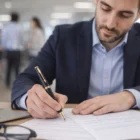 Man in a suit signing documents with a Parker Pens New Sonnet Matte Black Gold Trim at his desk.