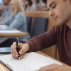 Young man writes with a Waterman Pens Hemisphere Matte Black during a classroom lecture.
