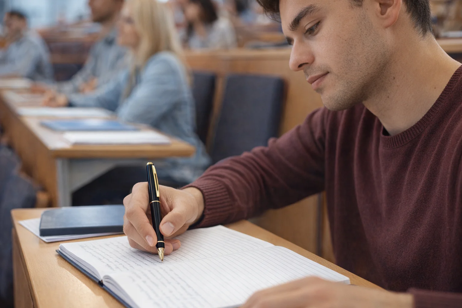 Young man writes with a Waterman Pens Hemisphere Matte Black during a classroom lecture.
