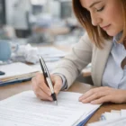 Businesswoman signing documents with a Parker Pens Frontier Stainless Steel Chrome Trim.