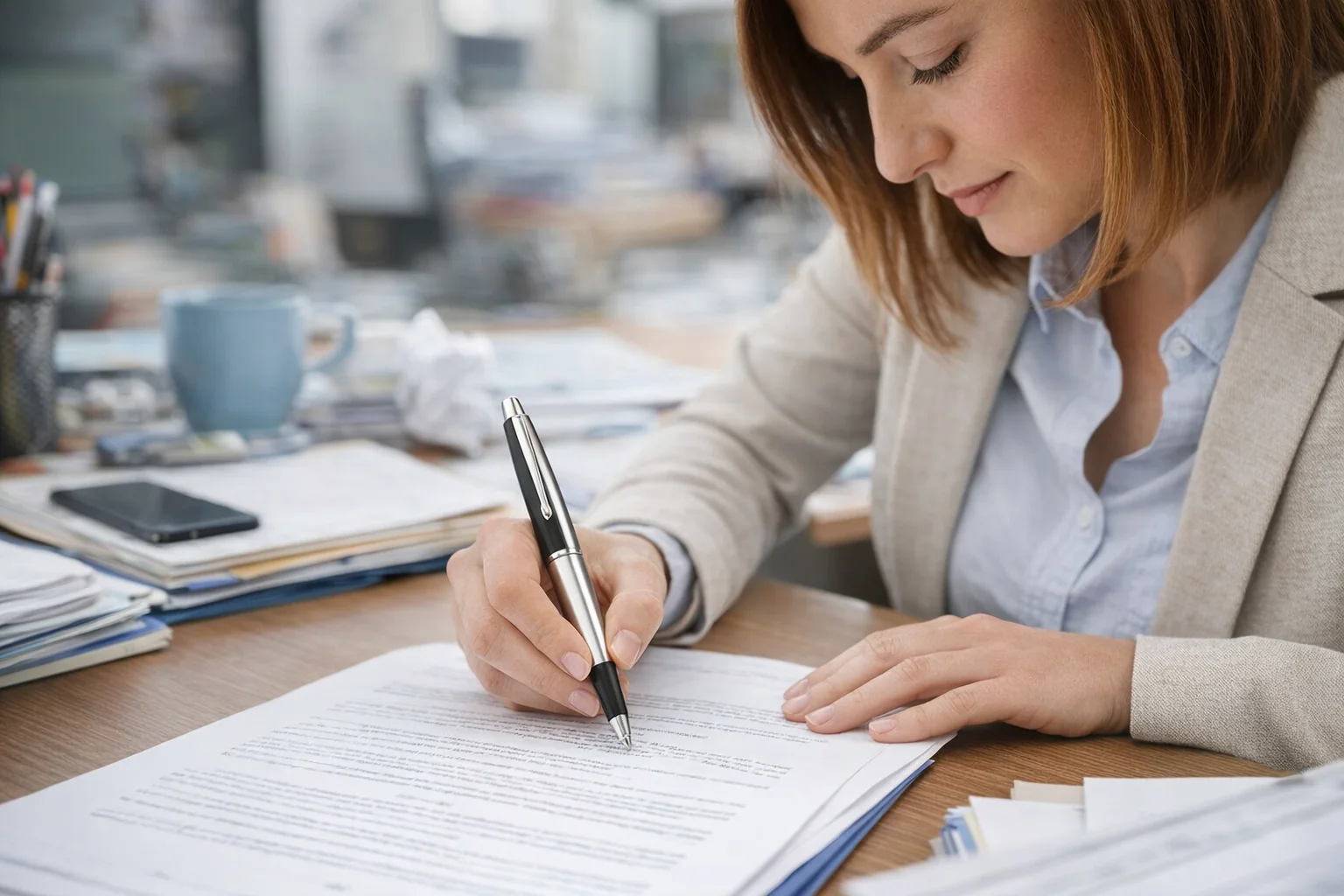 Businesswoman signing documents with a Parker Pens Frontier Stainless Steel Chrome Trim.