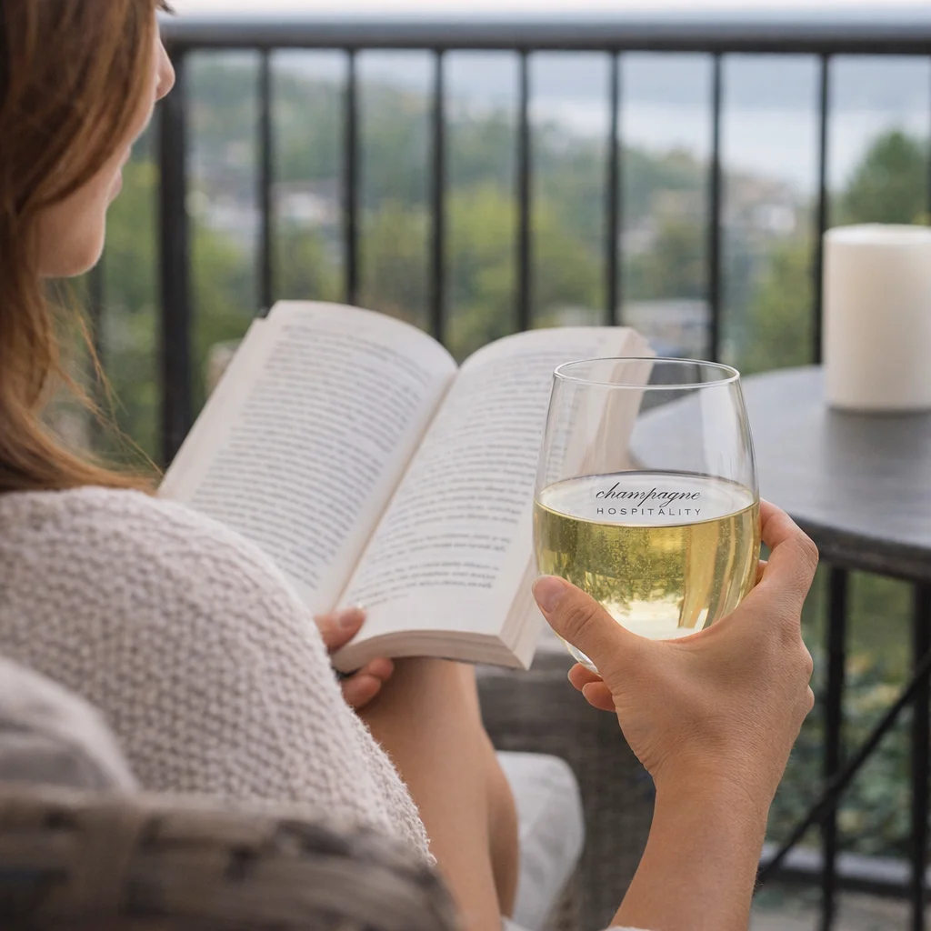 Woman reads on a balcony with white wine in a Lona Pet 470ml Wine Glass.