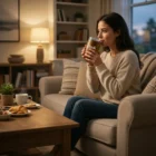 A woman sips tea from an Ecograin Mirror Finish Zen Mug, snacks and tea set nearby on a sofa.