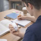 Person studying at a desk, using a Stress Balls Egg while writing in a notebook.
