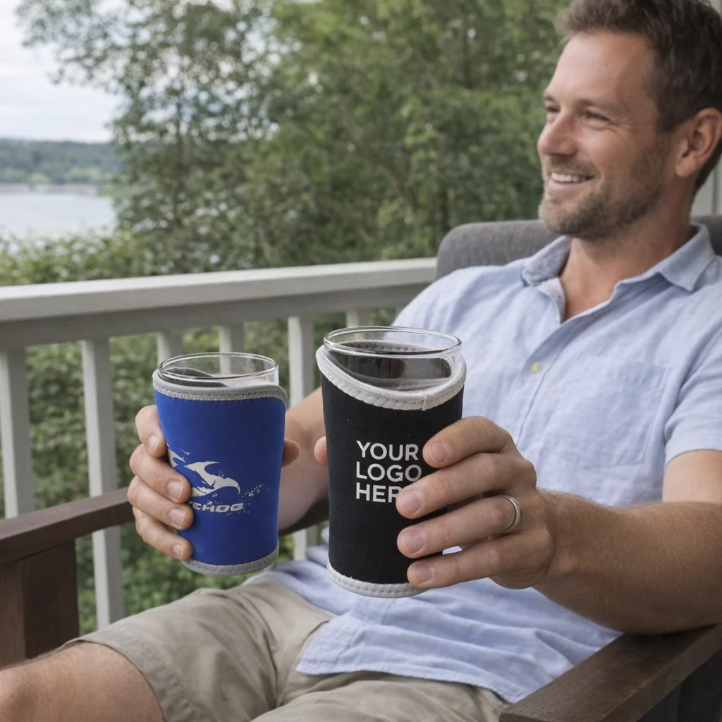 Smiling man on porch holds two Schooner Holders; one displays "YOUR LOGO HERE.