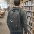 Person with a Securepack Anti-Theft Backpack walks down a library aisle lined with bookshelves.
