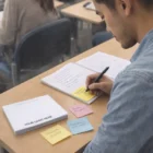 A student writes on Sticky Notes 100X75Mm at a desk with a notebook and papers.