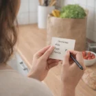 Person holds 75 X 75Mm Eco Sticky Notes as a grocery list in the kitchen.