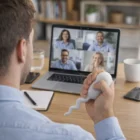 Man on video call holding a Stress Sperm Toy at his desk with a laptop.