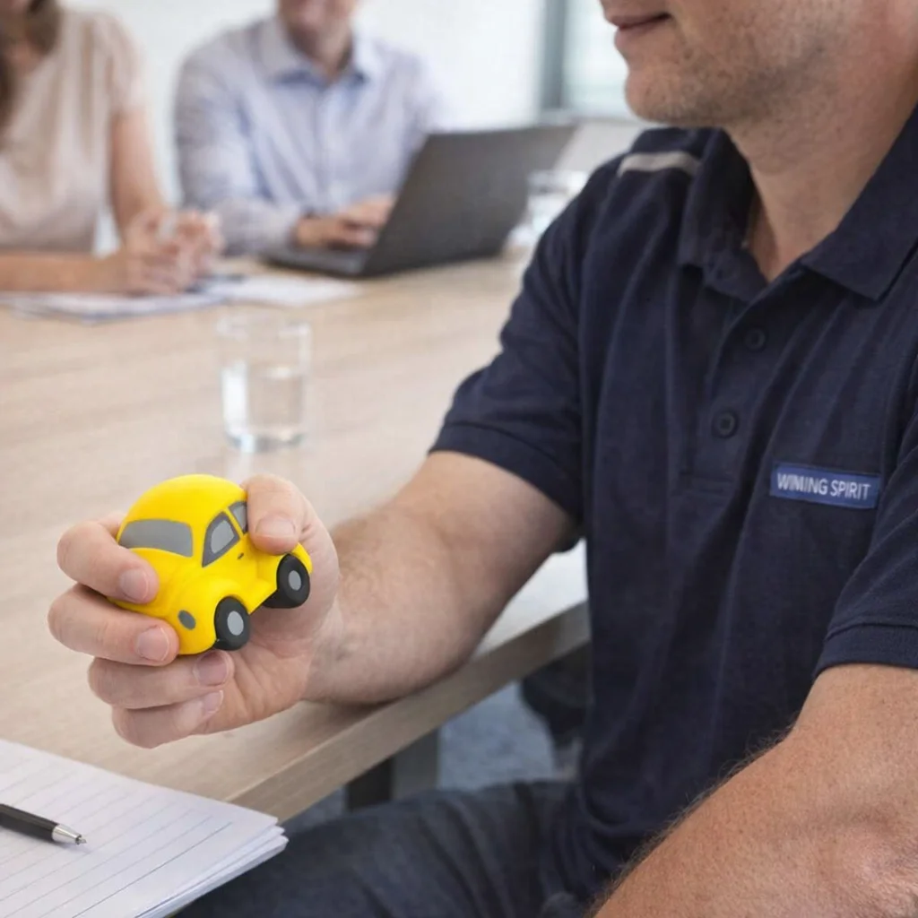 Person holding a yellow Promo Stress Balls Beatle Car in a meeting room with others in background.