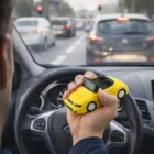Person holds a yellow Stress Balls - Sports Car while driving, viewed from inside the vehicle.