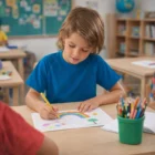 Child in Vital Kids 140 Raglan Tee draws a rainbow with colored pencils at classroom desk.