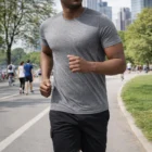 Man jogging in a park wearing Mens Percival Eco Sports Tees, city buildings in background.