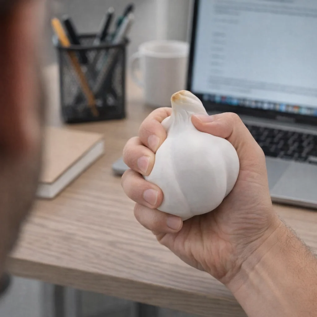 Squeeze the Stress Balls - Garlic at your desk with a laptop for quick stress relief.