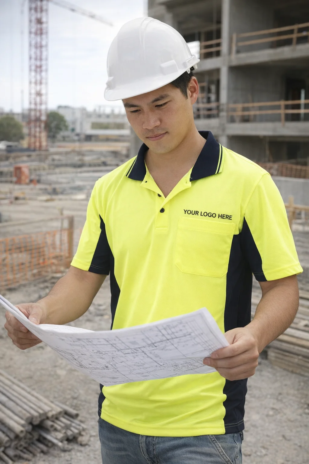 Man wears Mens Fashion Truedry Safety Apparel Polo while reading blueprints at construction site.