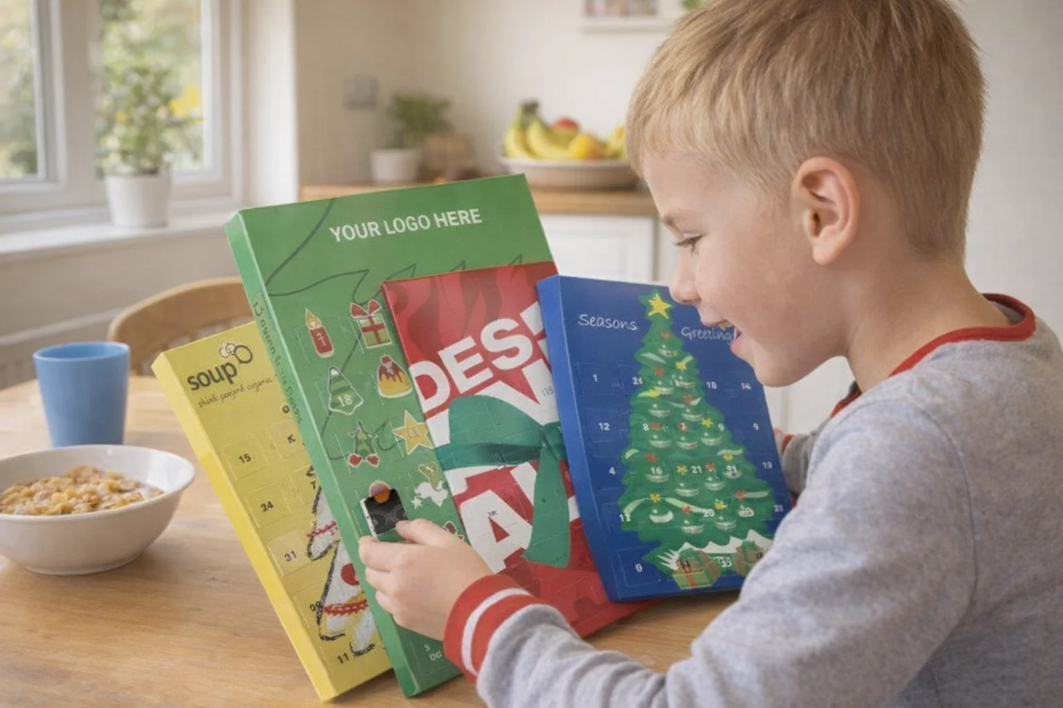 Smiling boy opens Standard Christmas Countdown Chocolates at the breakfast table.