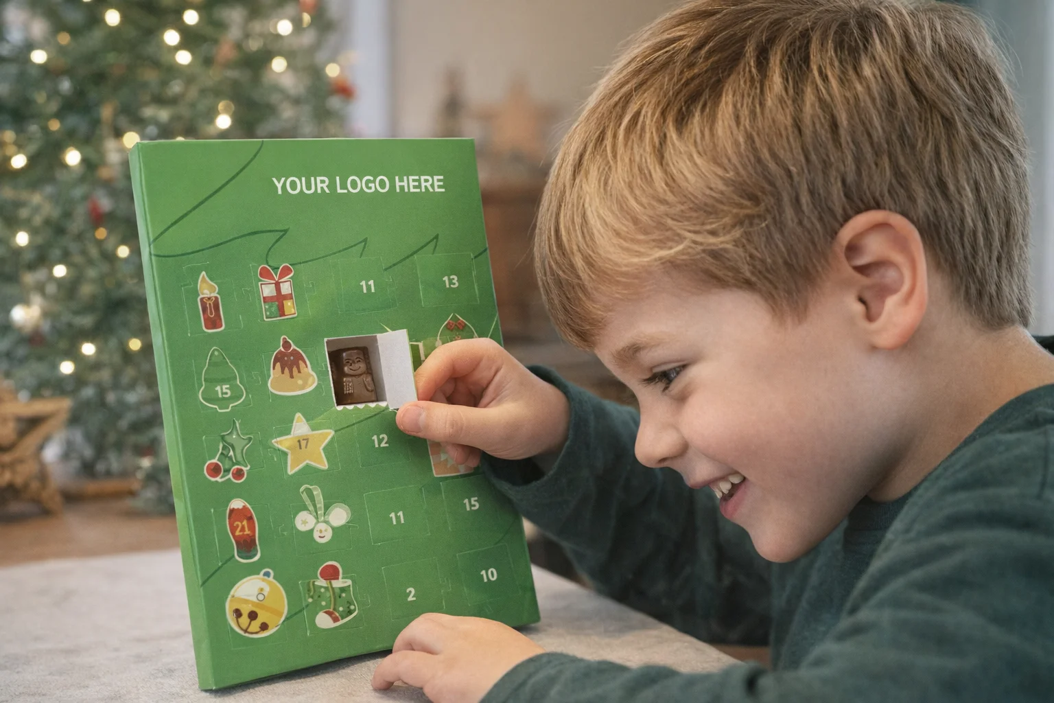 Smiling boy opens a Standard Custom Chocolate Calendar with a Christmas tree behind him.