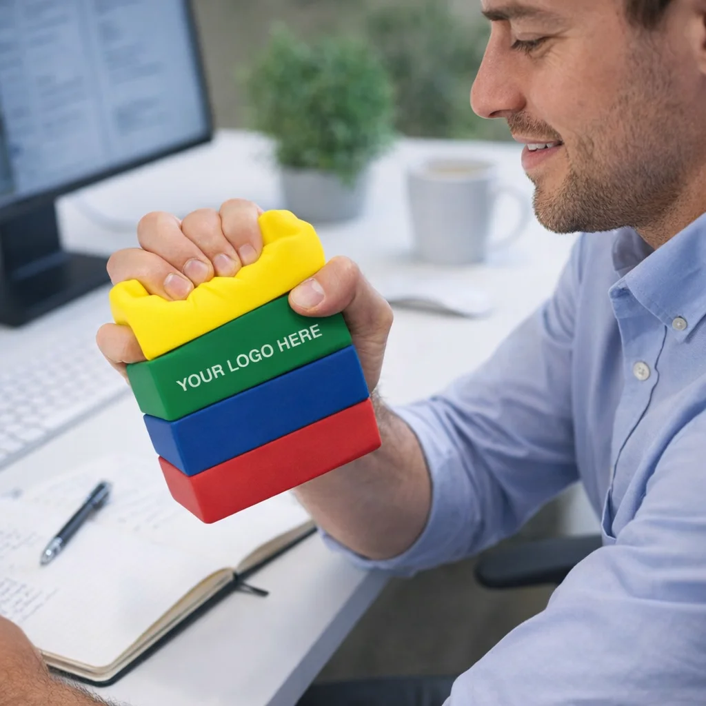 Man squeezes Stress Shaped Building Blocks toy at his computer desk.