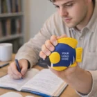 Man writing in notebook holds Stress Shaped Fish Blue at his desk.