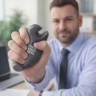 Man holding a Stress Shaped Spanner with YOUR LOGO HERE, sitting at an office desk.