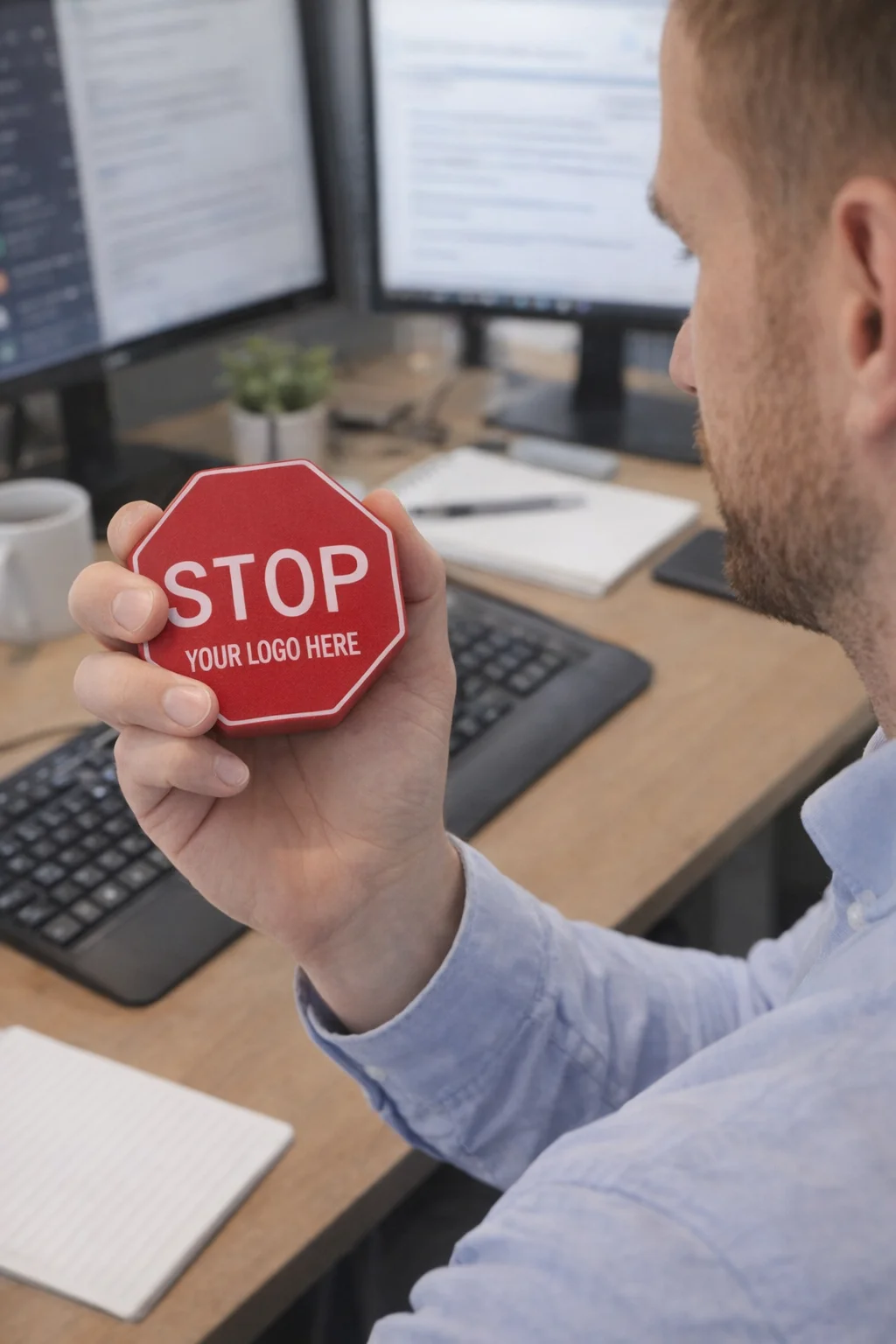Man holding a Stress Shaped Stop Sign at a desk with monitors.