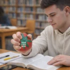 A student squeezes a Stress Shaped Strawberry while studying in the library.