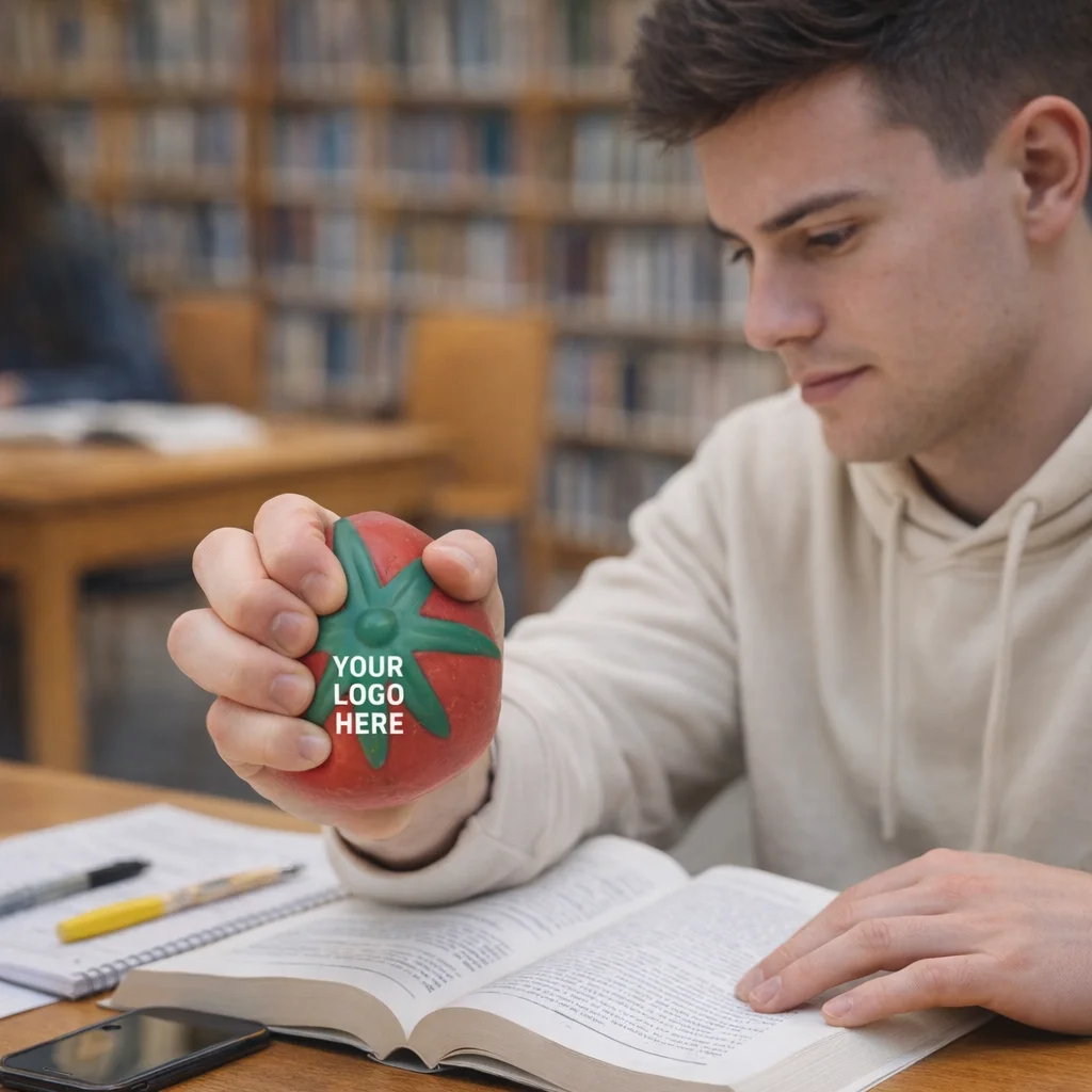 A student squeezes a Stress Shaped Strawberry while studying in the library.