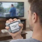 Man holding a screen with YOUR LOGO HERE, watching Stress Shaped Television in the living room.