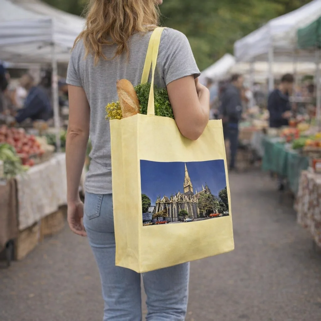 Woman at market with groceries in a Gusset Bag With Full Colour Print featuring a cathedral.