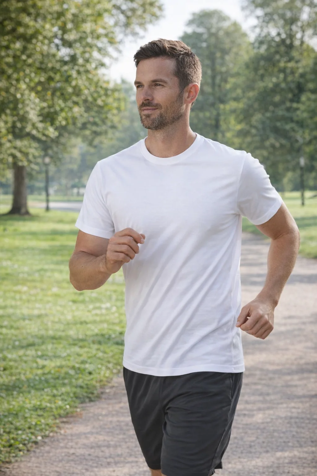 Man jogging in Stretch Fit Personalized T Shirt along park path, trees in background.