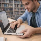 Man in library with laptop, holding The Conductor USBs drive labeled YOUR LOGO HERE.