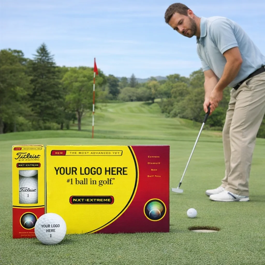 Man putting on green with a Titleist Extreme Personalised Golf Ball and box in foreground.
