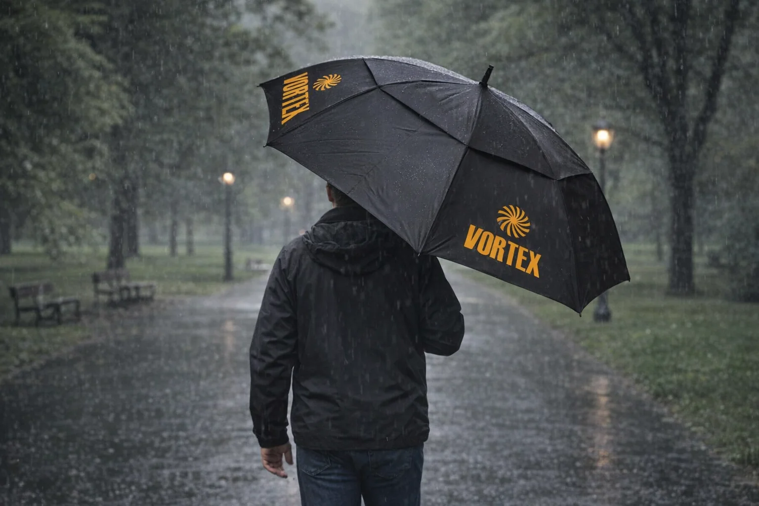 Person holding an Executive Logo Printed Golf Umbrella while walking in a rainy park.